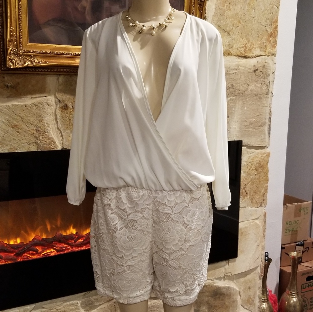 Cream Short Lace-Bottom Romper